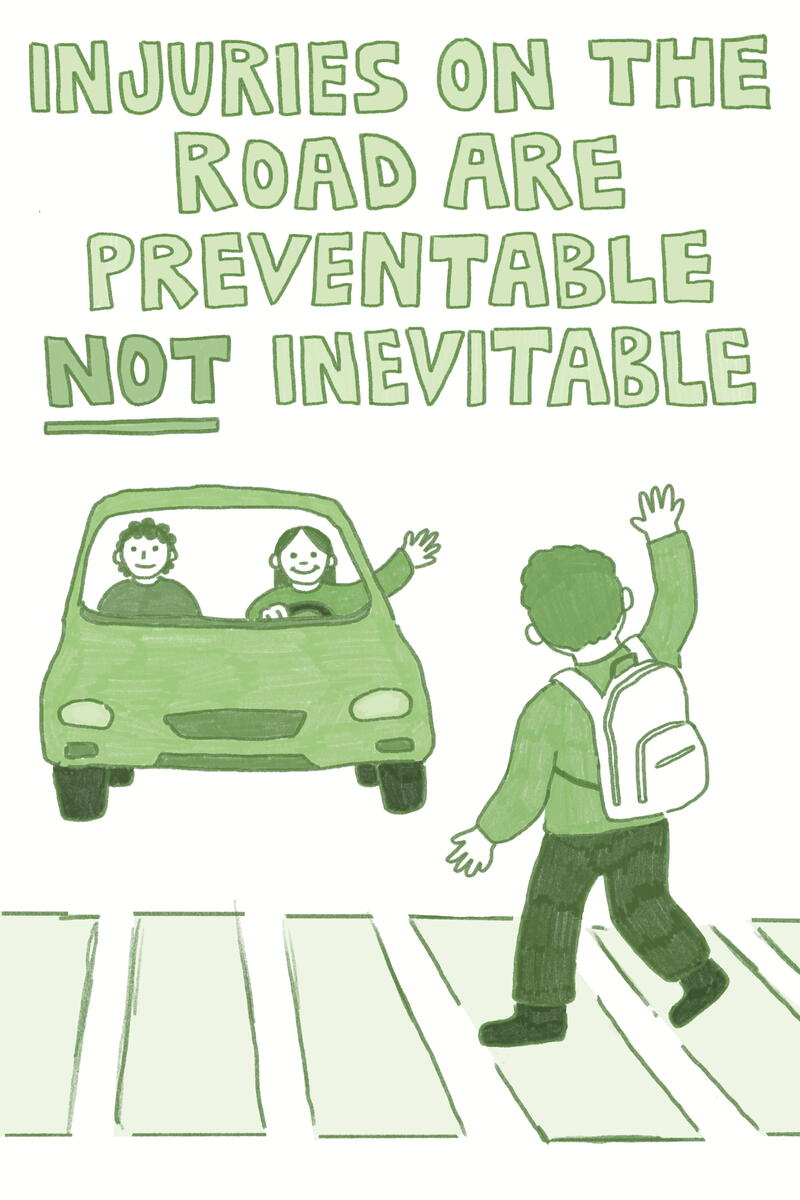 green poster with car waving to pedestrian